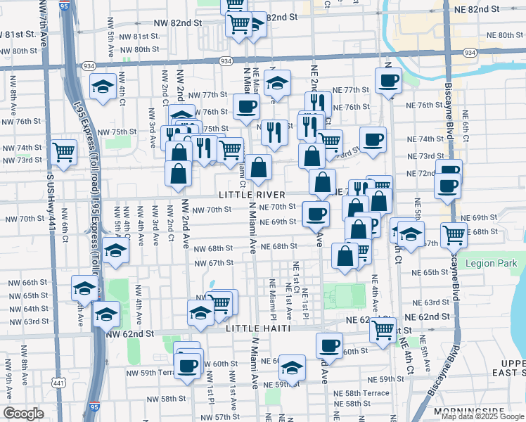 map of restaurants, bars, coffee shops, grocery stores, and more near 26 Northeast 70th Street in Miami
