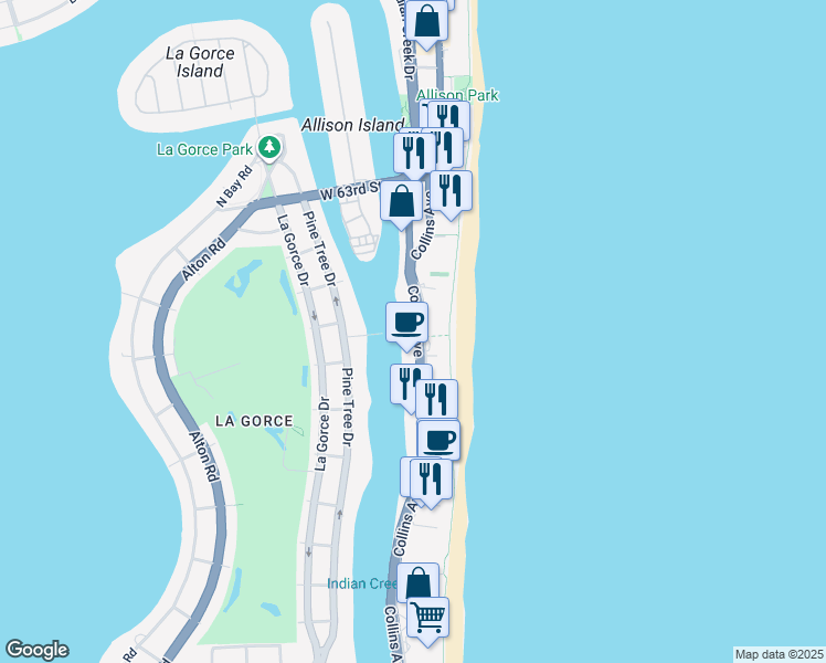 map of restaurants, bars, coffee shops, grocery stores, and more near 5750 Collins Avenue in Miami