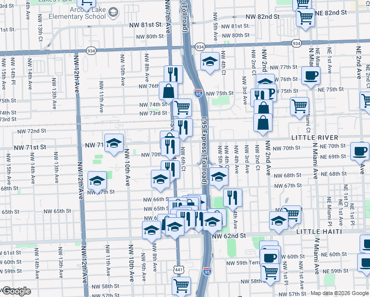 map of restaurants, bars, coffee shops, grocery stores, and more near 7012 Northwest 6th Court in Miami