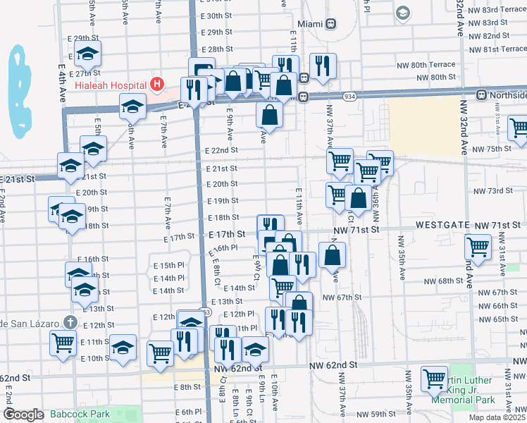 map of restaurants, bars, coffee shops, grocery stores, and more near 991 East 18th Street in Hialeah