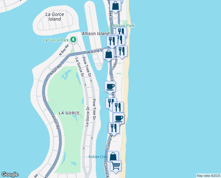 map of restaurants, bars, coffee shops, grocery stores, and more near 5750 Collins Avenue in Miami