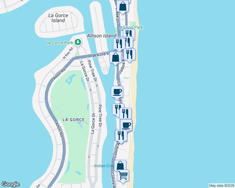 map of restaurants, bars, coffee shops, grocery stores, and more near 5750 Collins Avenue in Miami