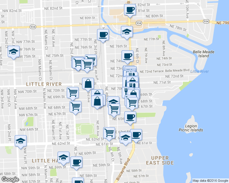 map of restaurants, bars, coffee shops, grocery stores, and more near 469 Northeast 69th Street in Miami