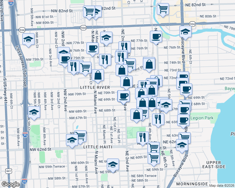 map of restaurants, bars, coffee shops, grocery stores, and more near 179 Northeast 69th Street in Miami