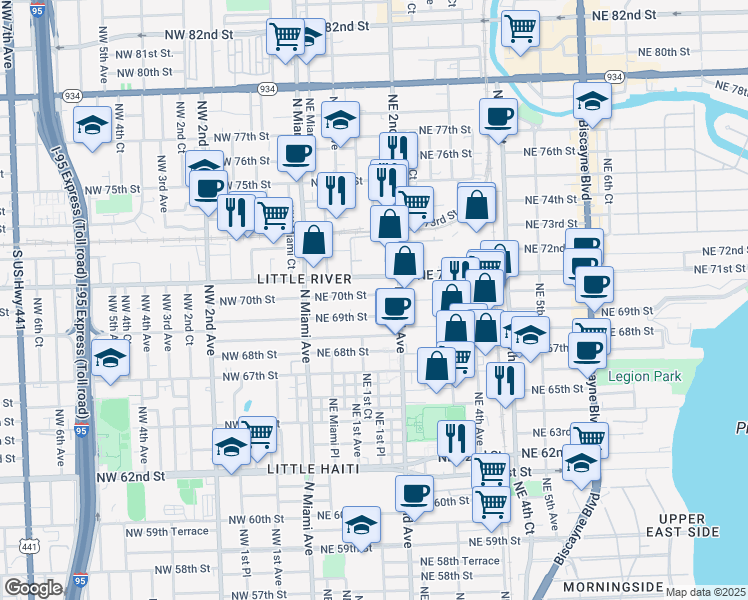 map of restaurants, bars, coffee shops, grocery stores, and more near 179 Northeast 69th Street in Miami