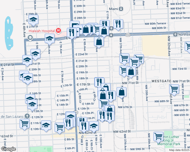 map of restaurants, bars, coffee shops, grocery stores, and more near 991 East 18th Street in Hialeah