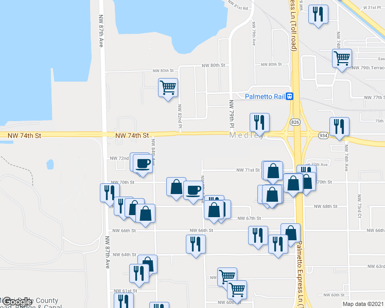 map of restaurants, bars, coffee shops, grocery stores, and more near 8130 Northwest 74th Street in Medley