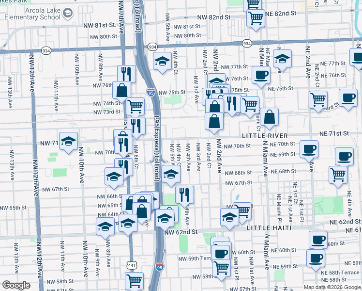 map of restaurants, bars, coffee shops, grocery stores, and more near 6940 Northwest 4th Avenue in Miami