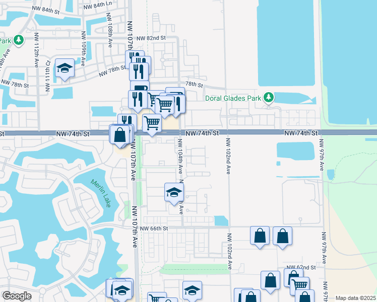 map of restaurants, bars, coffee shops, grocery stores, and more near 10281 Northwest 72nd Street in Doral