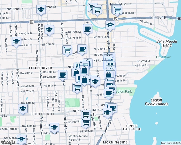 map of restaurants, bars, coffee shops, grocery stores, and more near 6941 Northeast 4th Court in Miami