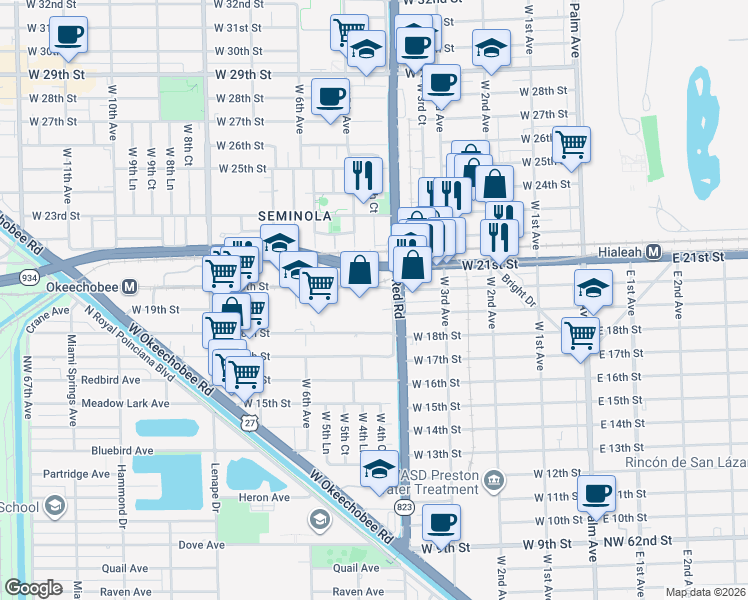 map of restaurants, bars, coffee shops, grocery stores, and more near 1900 West 4th Avenue in Hialeah