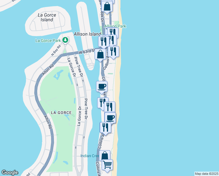 map of restaurants, bars, coffee shops, grocery stores, and more near 5750 Collins Avenue in Miami