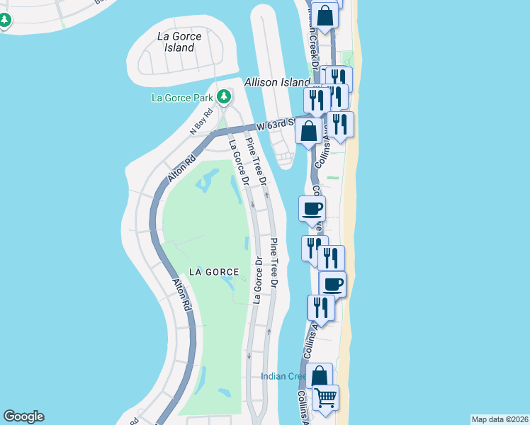 map of restaurants, bars, coffee shops, grocery stores, and more near 5840 Pine Tree Drive in Miami Beach