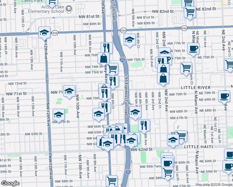 map of restaurants, bars, coffee shops, grocery stores, and more near 6949-7021 Northwest 6th Court in Miami