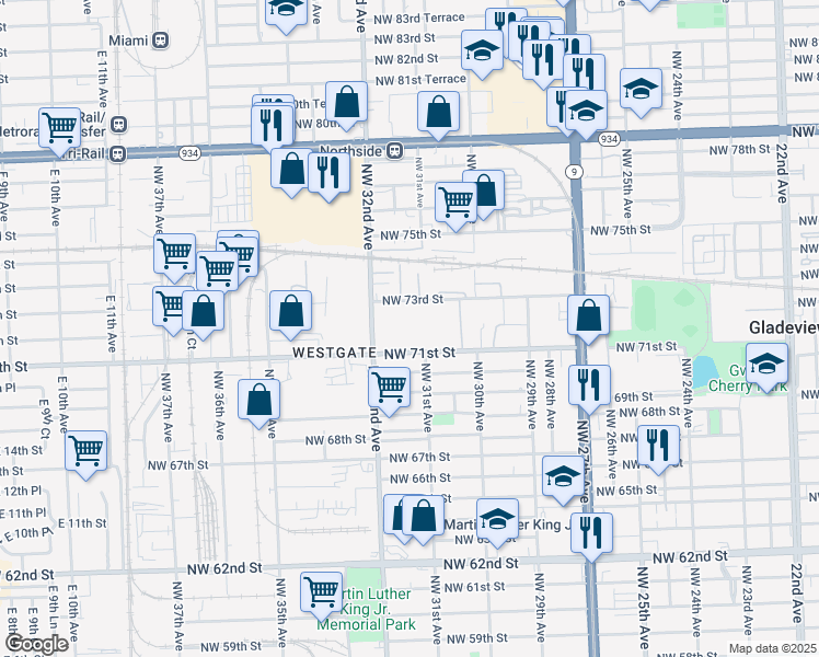 map of restaurants, bars, coffee shops, grocery stores, and more near 3000 Northwest 73rd Street in Miami