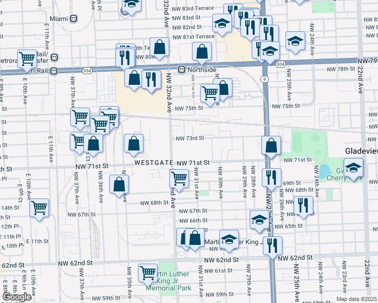 map of restaurants, bars, coffee shops, grocery stores, and more near 3000 Northwest 73rd Street in Miami