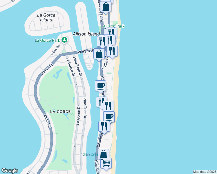 map of restaurants, bars, coffee shops, grocery stores, and more near 5750 Collins Avenue in Miami