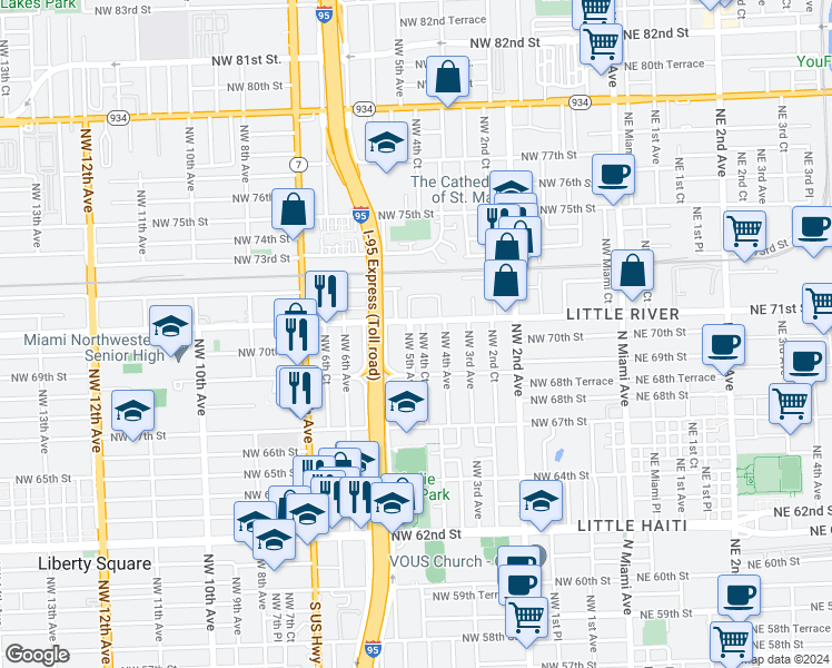 map of restaurants, bars, coffee shops, grocery stores, and more near 7025 Northwest 5 Avenue in Miami