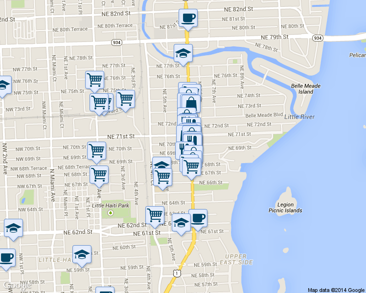 map of restaurants, bars, coffee shops, grocery stores, and more near 547 Northeast 69th Street in Miami