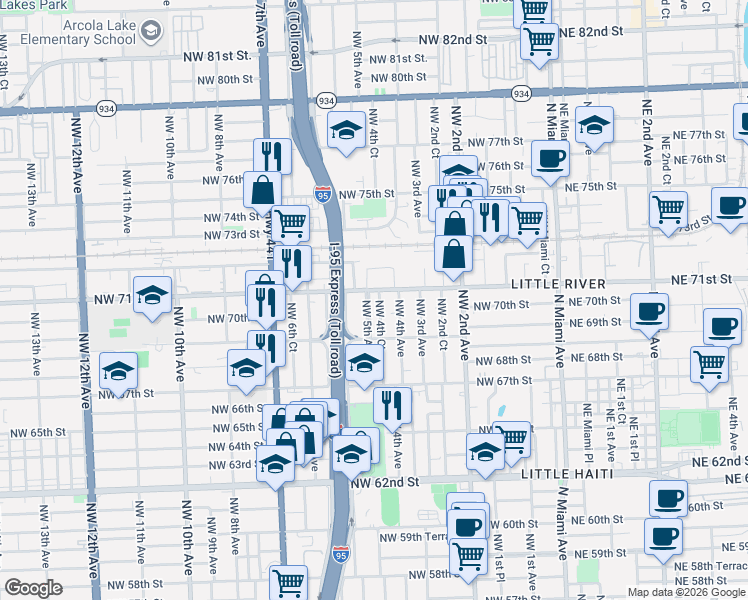 map of restaurants, bars, coffee shops, grocery stores, and more near 7008 Northwest 5 Avenue in Miami