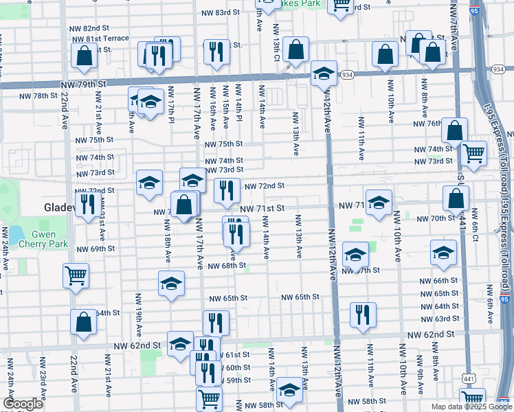 map of restaurants, bars, coffee shops, grocery stores, and more near 1410 Northwest 71st Street in Miami