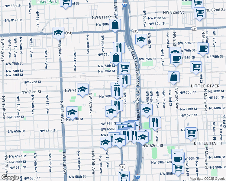 map of restaurants, bars, coffee shops, grocery stores, and more near 733 Northwest 70th Street in Miami