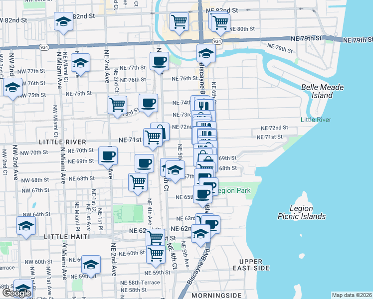 map of restaurants, bars, coffee shops, grocery stores, and more near 528 Northeast 70th Street in Miami