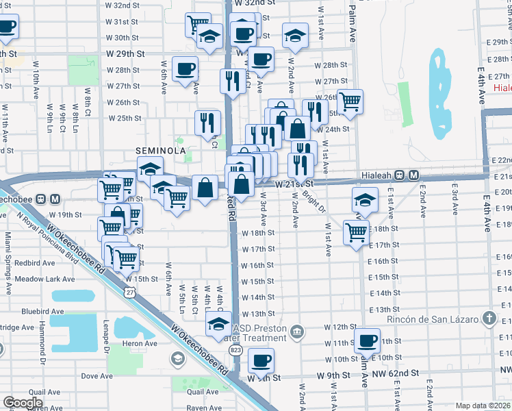 map of restaurants, bars, coffee shops, grocery stores, and more near 355 West 19th Street in Hialeah