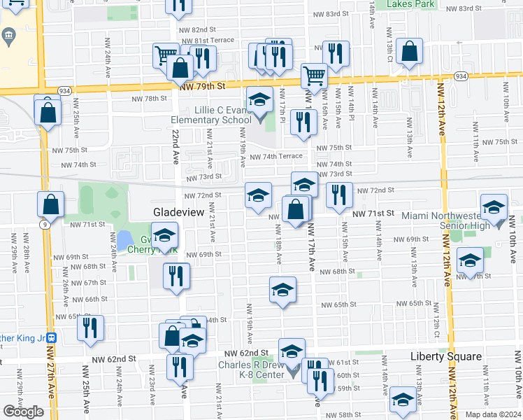 map of restaurants, bars, coffee shops, grocery stores, and more near 1855 Northwest 71st Street in Miami