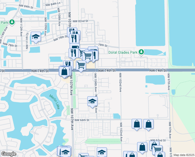 map of restaurants, bars, coffee shops, grocery stores, and more near 10281 Northwest 72nd Street in Doral