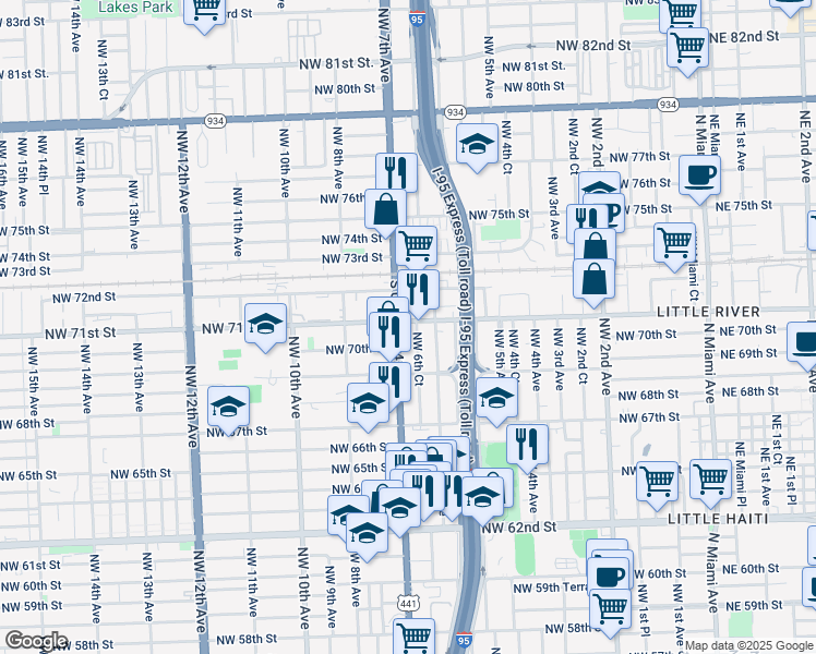 map of restaurants, bars, coffee shops, grocery stores, and more near 7012 Northwest 6th Court in Miami