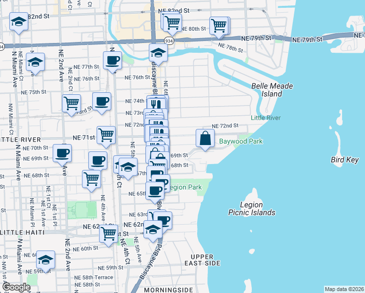 map of restaurants, bars, coffee shops, grocery stores, and more near 691 Northeast 69th Street in Miami
