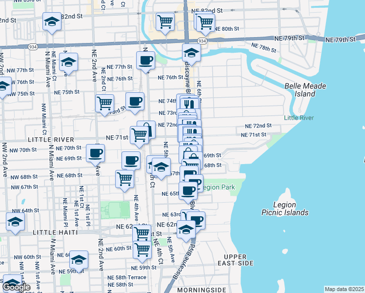 map of restaurants, bars, coffee shops, grocery stores, and more near 547 Northeast 69th Street in Miami