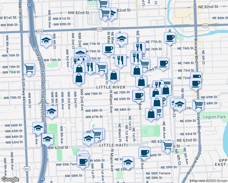 map of restaurants, bars, coffee shops, grocery stores, and more near 25 Northeast 69th Street in Miami
