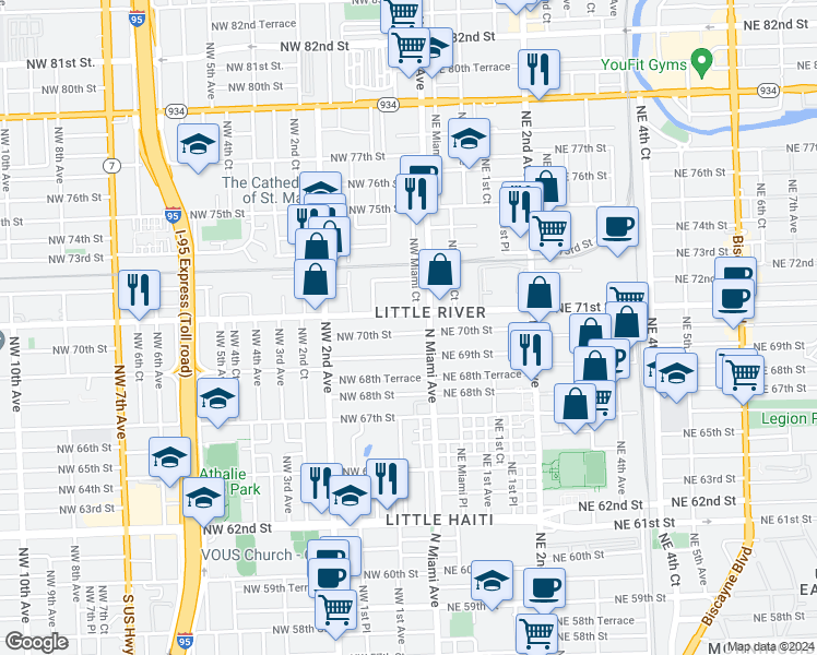 map of restaurants, bars, coffee shops, grocery stores, and more near 38 Northwest 70th Street in Miami
