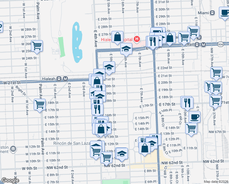 map of restaurants, bars, coffee shops, grocery stores, and more near 542 East 19th Street in Hialeah