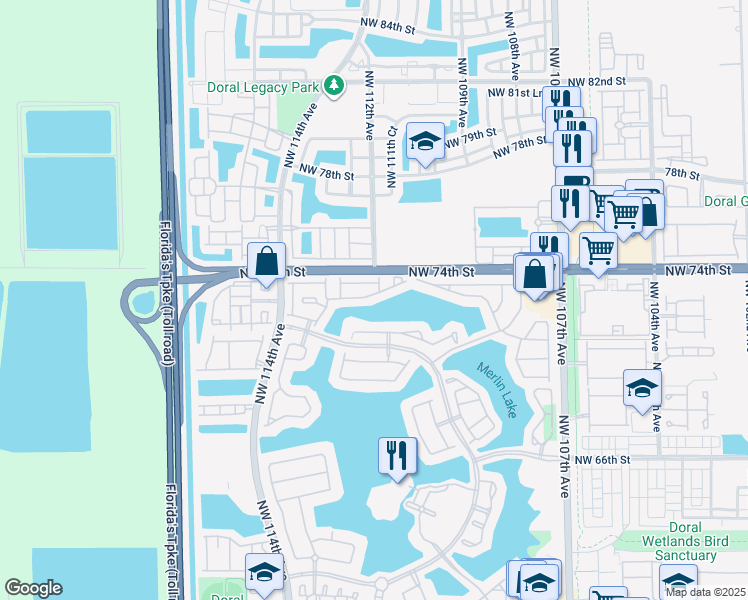 map of restaurants, bars, coffee shops, grocery stores, and more near 11208 Northwest 73rd Street in Doral
