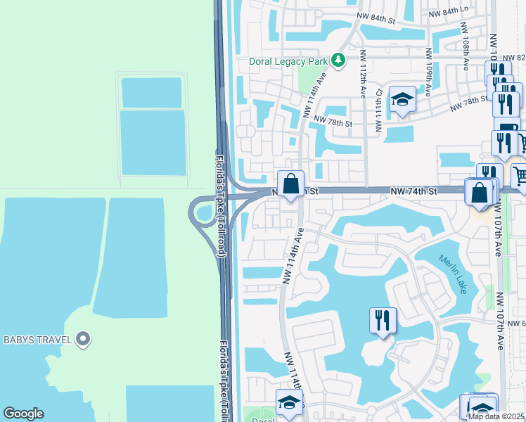 map of restaurants, bars, coffee shops, grocery stores, and more near 7300 Northwest 114th Avenue in Doral