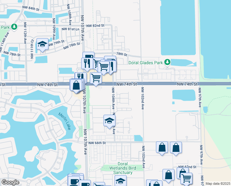 map of restaurants, bars, coffee shops, grocery stores, and more near 10281 Northwest 72nd Street in Doral