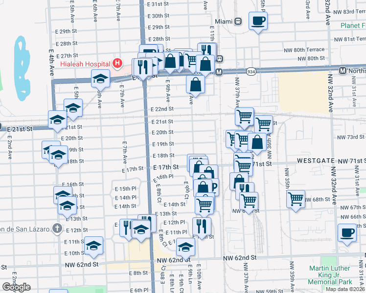 map of restaurants, bars, coffee shops, grocery stores, and more near 921 East 18th Street in Hialeah