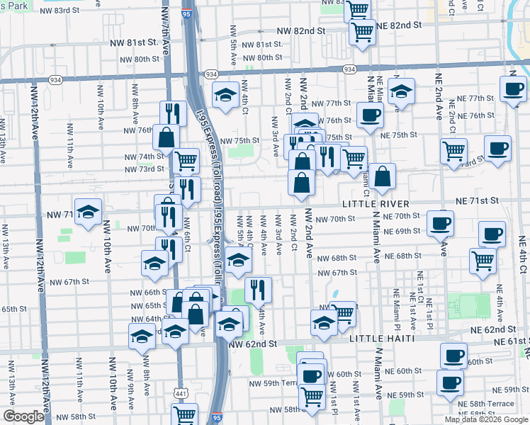 map of restaurants, bars, coffee shops, grocery stores, and more near 6940 Northwest 4th Avenue in Miami
