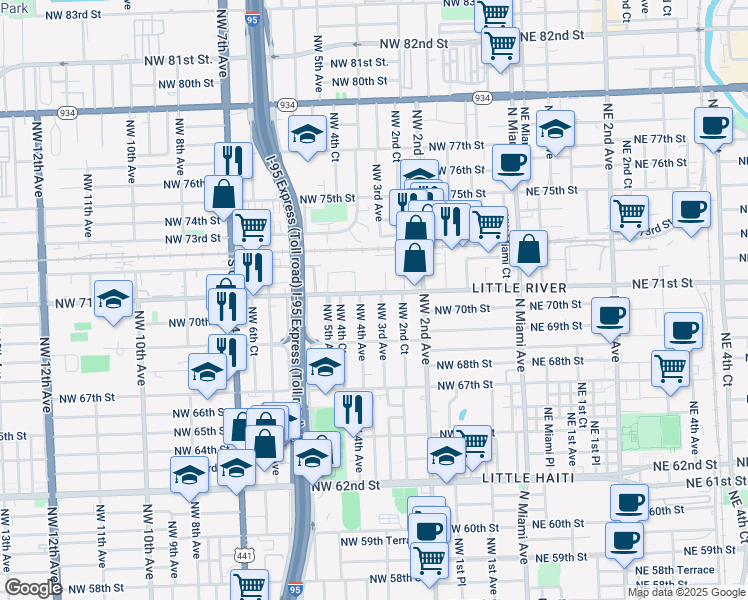 map of restaurants, bars, coffee shops, grocery stores, and more near 6940 Northwest 4th Avenue in Miami
