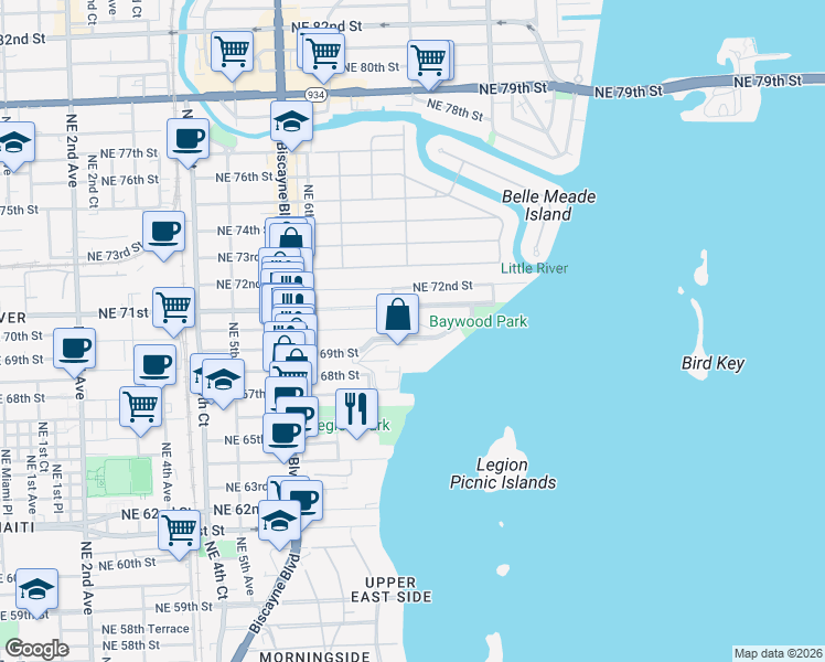 map of restaurants, bars, coffee shops, grocery stores, and more near 780 Northeast 69th Street in Miami