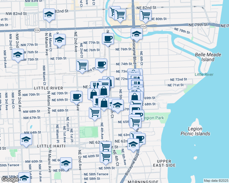 map of restaurants, bars, coffee shops, grocery stores, and more near 469 Northeast 69th Street in Miami