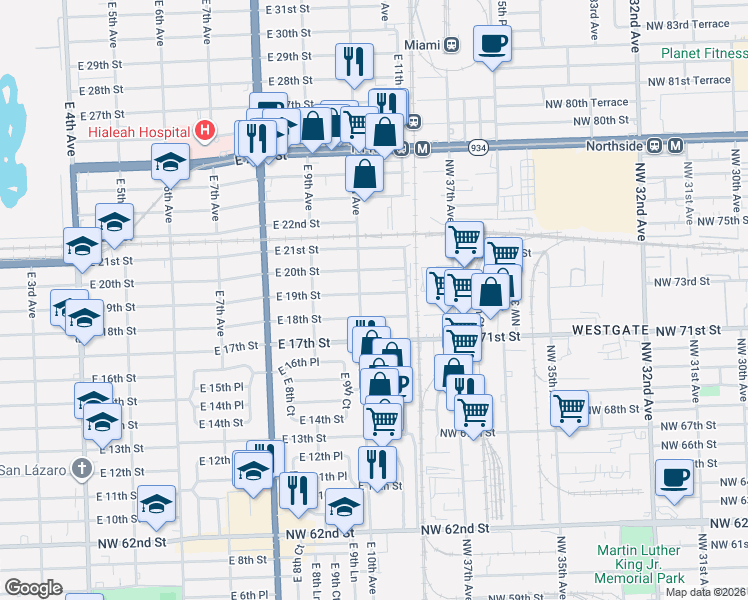 map of restaurants, bars, coffee shops, grocery stores, and more near 991 East 18th Street in Hialeah