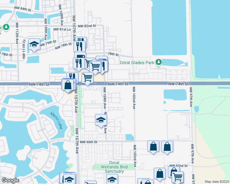 map of restaurants, bars, coffee shops, grocery stores, and more near 10281 Northwest 72nd Street in Doral