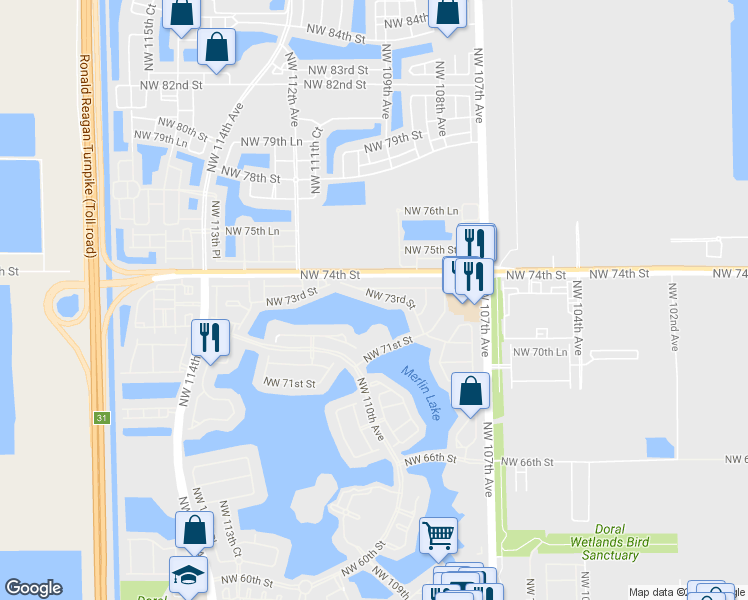 map of restaurants, bars, coffee shops, grocery stores, and more near 10940 Northwest 73rd Street in Doral