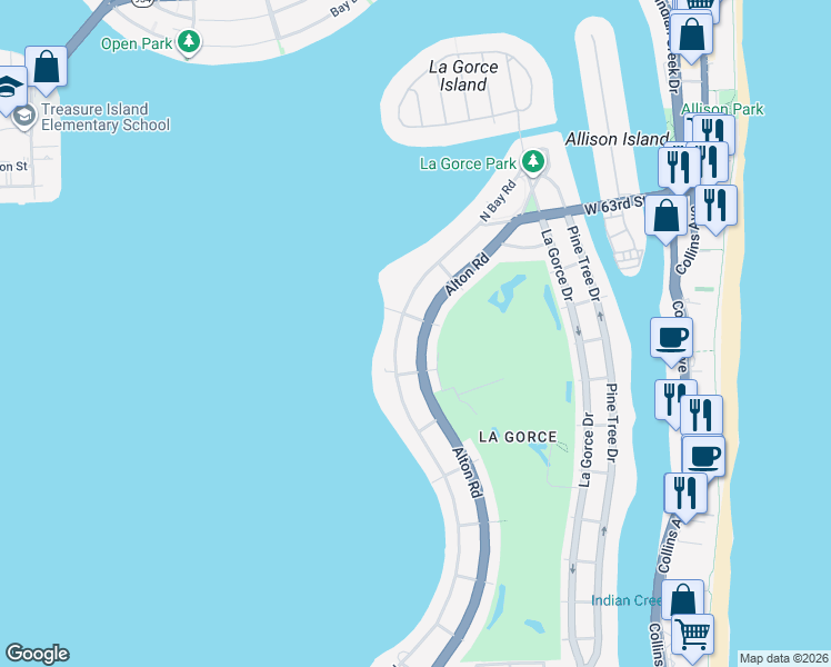 map of restaurants, bars, coffee shops, grocery stores, and more near 5824 Florida 907 in Miami Beach