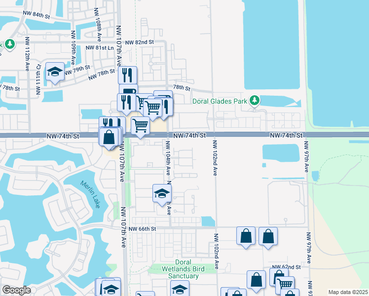 map of restaurants, bars, coffee shops, grocery stores, and more near 10281 Northwest 72nd Street in Doral