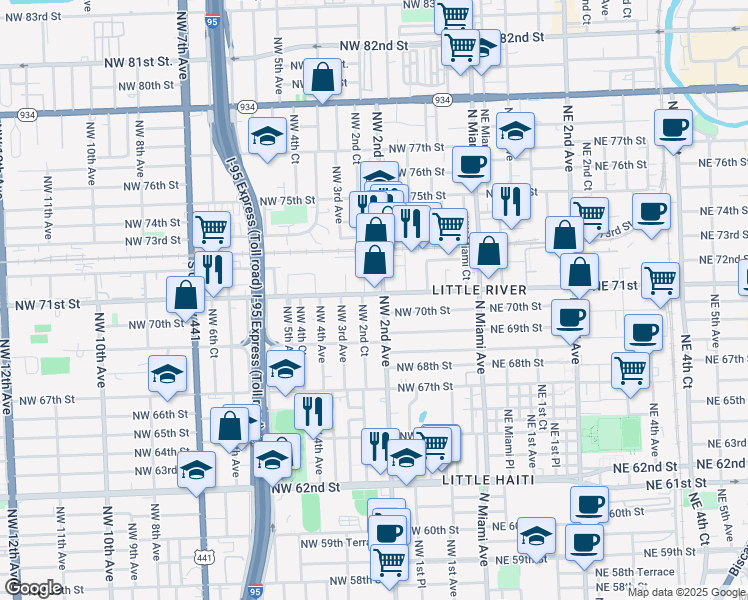 map of restaurants, bars, coffee shops, grocery stores, and more near 6975 Northwest 2nd Avenue in Miami